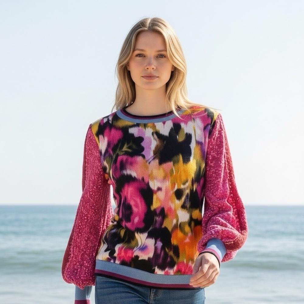 Anthropologie Blank London Pullover XS 10.5"B Contrast Eyelet Lined Puff Sleeves